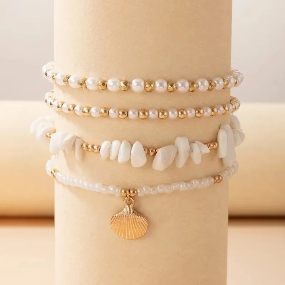 Summer Anklet Set Seashell Shell Gold Beaded - Picture 2 of 4